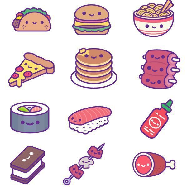 some food and drink icons are shown on a white background, including pancakes, hotdogs, waffles, ketchup