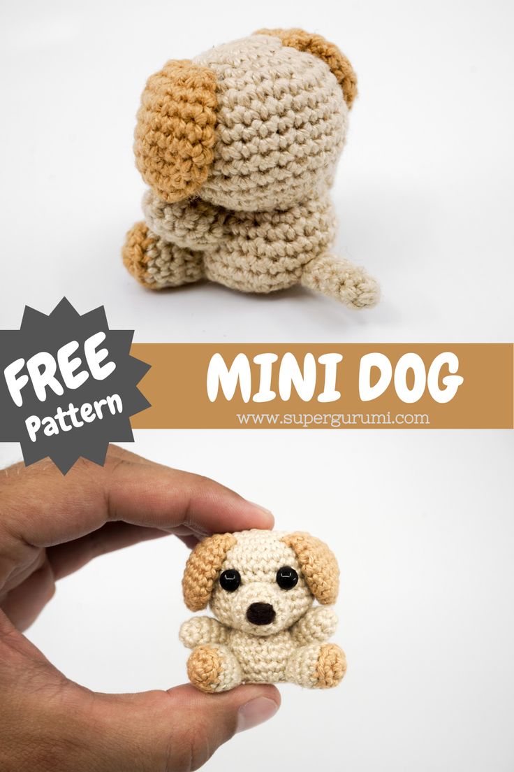 a hand holding a small crocheted dog with the words free pattern below it