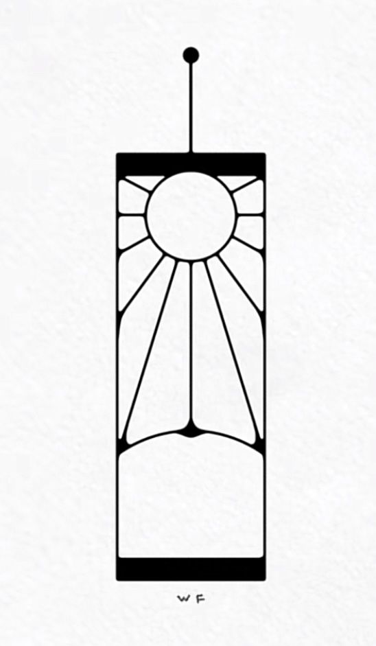 a drawing of a window with the sun shining in it's center and on top