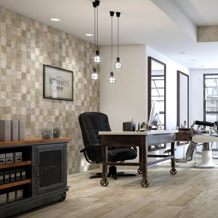 an office with wood floors and tile walls