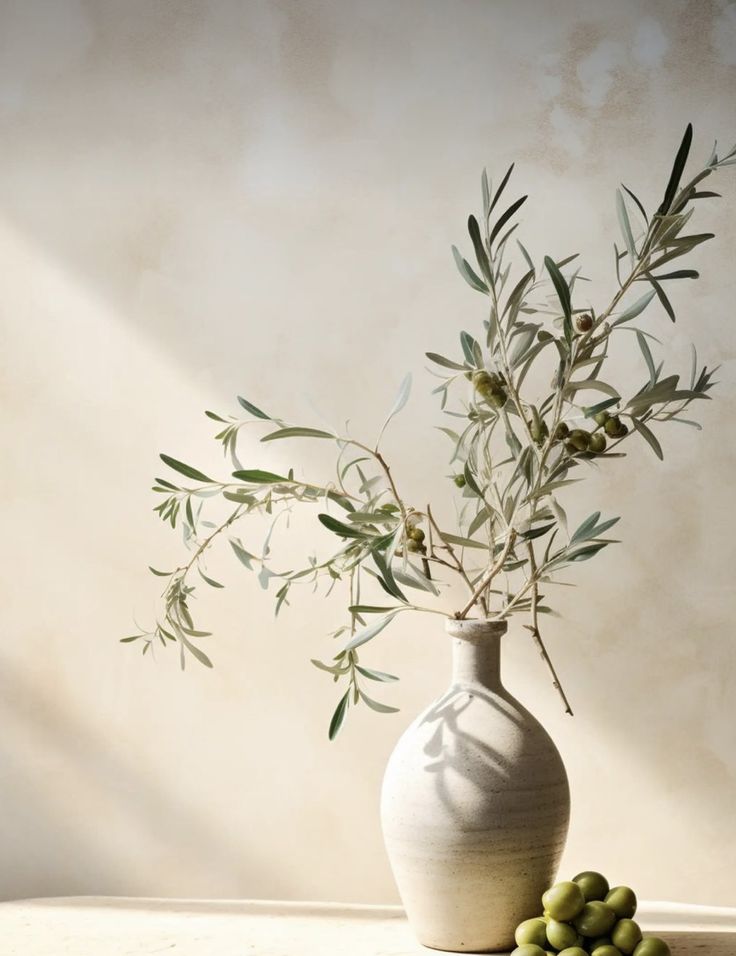 a white vase filled with green olives on top of a table next to a wall