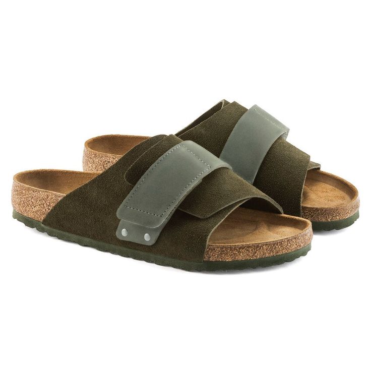 Kyoto Nubuck Leather/Suede Suede Slide Sandals With Buckle Closure, Suede Slide Footbed Sandals With Leather Footbed, Casual Suede Slides With Suede Lining, Suede Slip-on Sandals With Buckle Closure, Brown Suede Slides With Buckle Closure, Suede Slides With Buckle Closure And Round Toe, Comfortable Suede Sandals With Suede Lining, Suede Slide Sandals With Textured Footbed, Suede Sandals With Leather Footbed For Outdoor