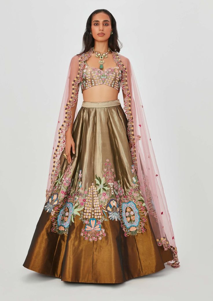 Aisha Rao-Gulshan Antique Gold Lehenga Set-INDIASPOPUP.COM Tissue Lehenga Designs, Scallop Dupatta, Aisha Rao, Gold Lehenga, Red Lehenga, Designer Outfits, Indian Clothing, Chaniya Choli, Indian Designer Outfits