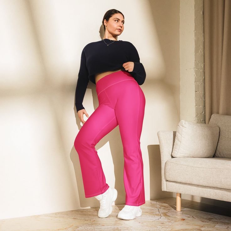 Designed to enhance your figure, these trendy leggings feature a high waist and a butt-lifting cut. The flared leg bottoms add a touch of style and make the leggings comfortable. Wear them on a walk, to the gym, or style them up with a bomber jacket or hoodie. • 74% recycled polyester, 26% elastane • Fabric weight (may vary by 5%): 7.37 oz./yd.² (250 g/m²) • Soft and stretchy premium quality fabric with a mild compression feel • Moisture-wicking fabric • UPF 50+ protection • High-waisted with a Trendy Flare Yoga Pants, Chic High Stretch Yoga Pants For Workout, Flare Stretch Leggings For Gym, Stretch Flare Leggings For The Gym, Trendy Flare Elastane Yoga Pants, Trendy Flared Elastane Yoga Pants, Trendy Flare Yoga Leggings, Trendy Flare Stretch Yoga Pants, High Stretch Flare Leggings For Gym