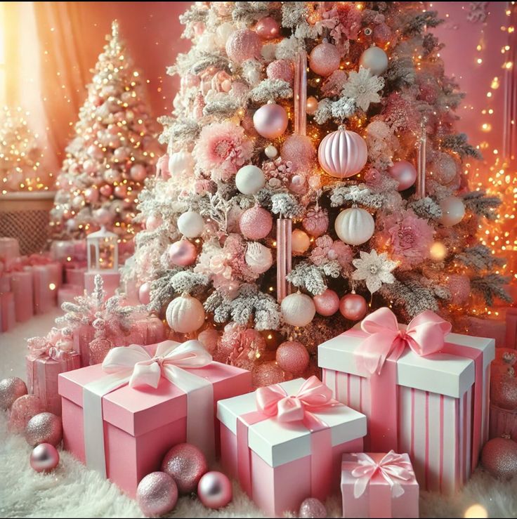 a christmas tree decorated with pink and white ornaments, presents under the tree in front of it