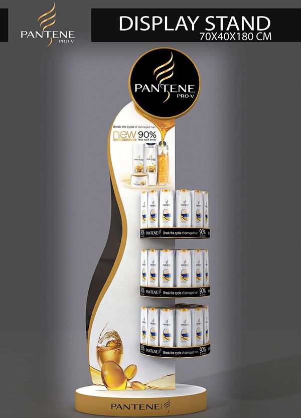 display stand for pantene products with gold accents