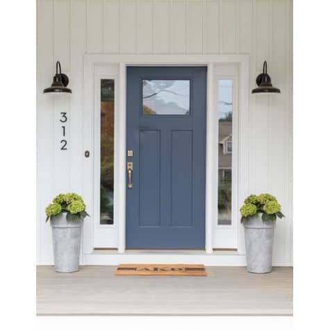 two planters with green flowers are on the front steps of a house that is painted blue