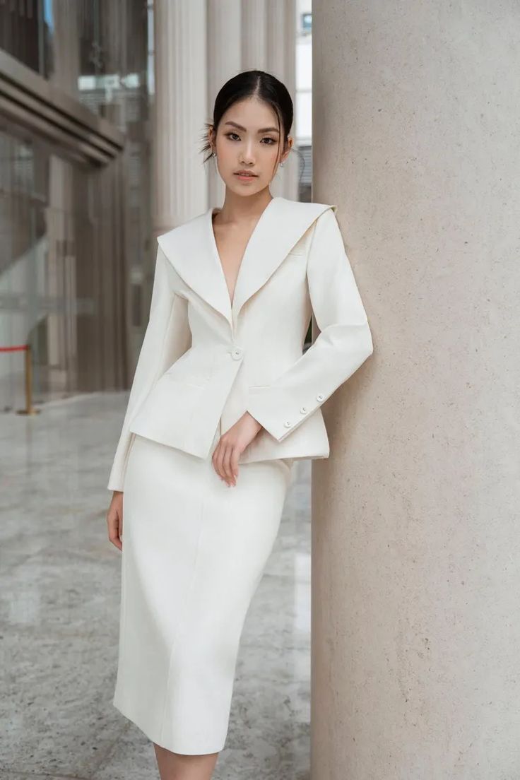 MEAN BLVD | Premium Fashion Platform of Top Vietnamese Designers Cream Skirt Suit, Coat And Skirt For Wedding, Vintage Western Dress, Business Uniform, Blazer With Skirt, White Skirt Suit, Registry Wedding, Mommy Dress, Formal Wedding Guest Dress