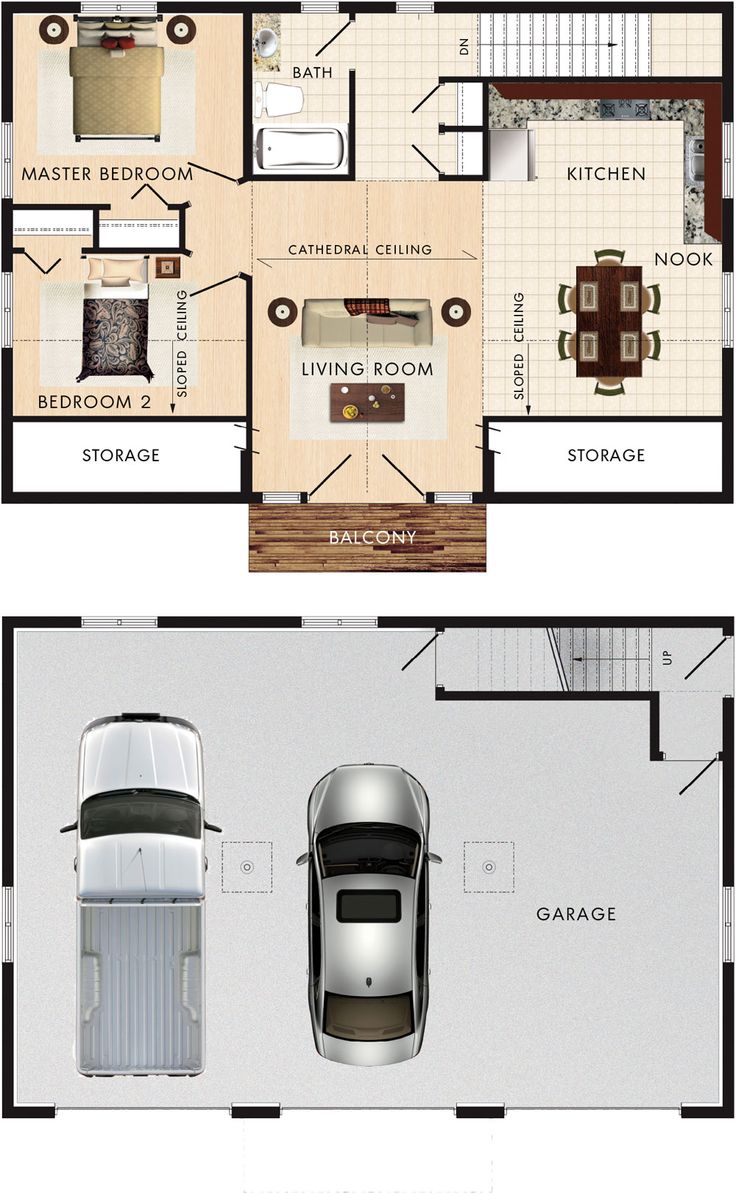 the floor plan for a two story house with garage and living room in each section