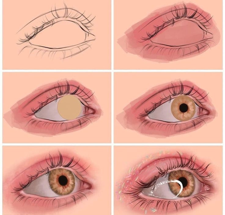 the steps to draw an eye with colored pencils