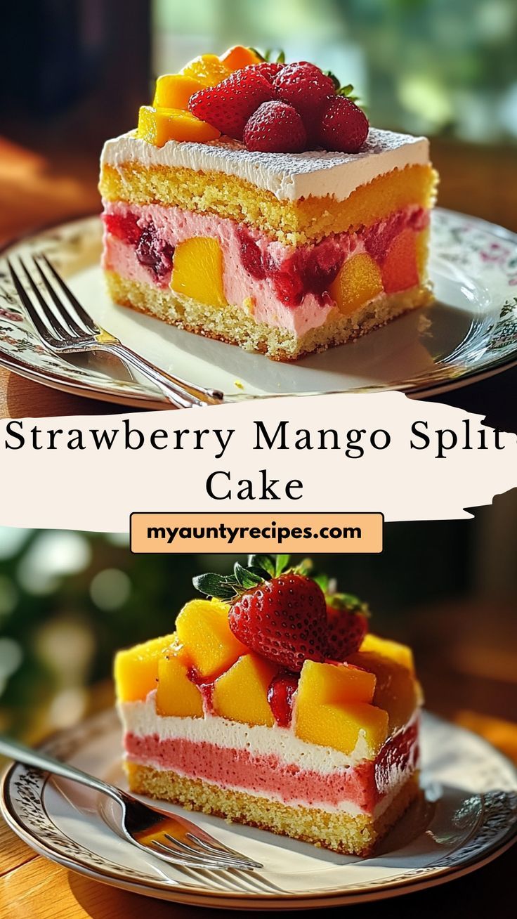 there are two slices of strawberry mango split cake