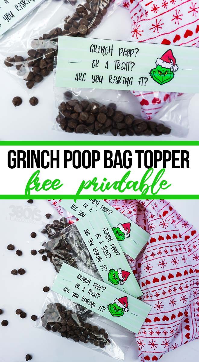 the grinch pop bag topper free printable is shown in three different bags