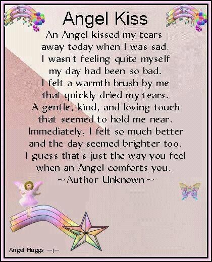 an angel kiss poem written in pink and purple with stars on the bottom, surrounded by butterflies