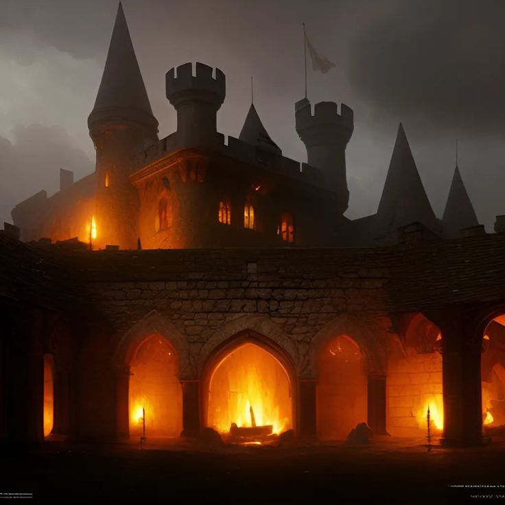 an old castle lit up at night with bright lights in the windows and dark clouds