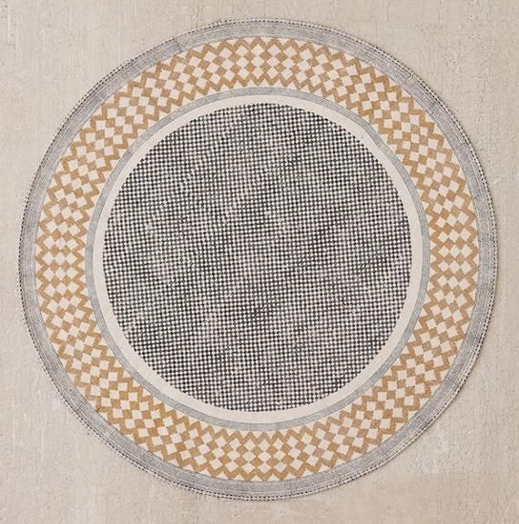 a round rug with an intricate design on the bottom in grey and tan tones,