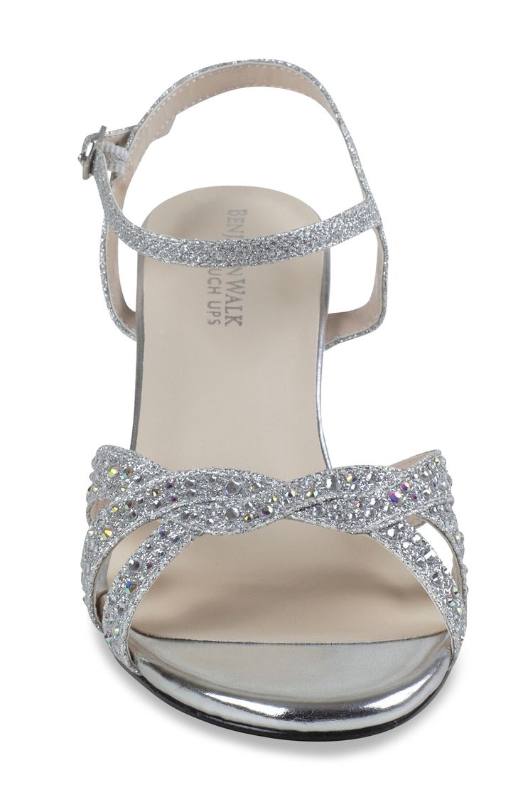 Jewel-embellished vamp straps interlock on an occasion-ready sandal set on a lightly padded footbed and wrapped block heel. 2 1/4" heel Synthetic upper, lining and sole Imported Low Heel Sparkly Shoes, Silver Shoes Low Heel Wedding, Silver Shoes Short Heel, Silver Grey Wedding Shoes, Open Toe Synthetic Sandals For Prom, Holiday Ankle Strap Sandals For Events, Synthetic Ankle Strap Sandals For Prom, Block Heel Sandals With 4-inch Heel For Events, Prom Ankle Strap Synthetic Sandals