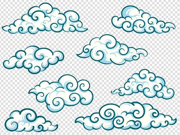 clouds in the sky with different shapes and sizes, on a transparent background stock photo