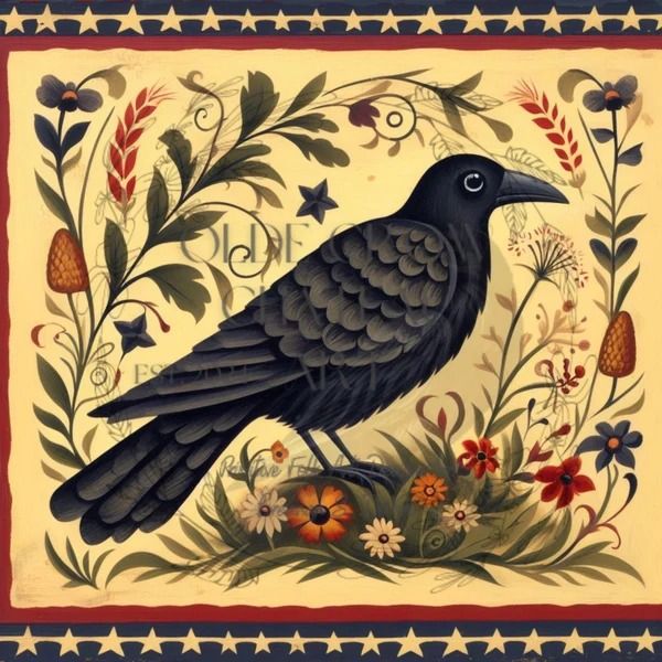 a painting of a black bird sitting on top of a flowery plant with stars around it