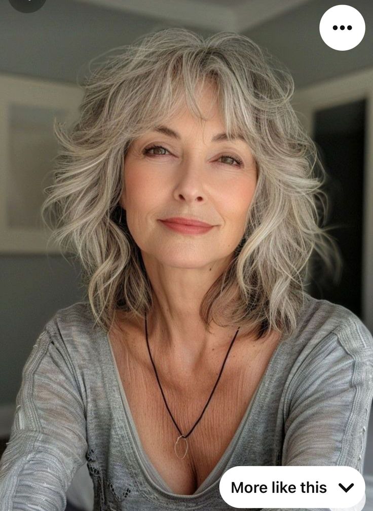 Textured Bob Hairstyles For Fine Hair, Hairstyles For Fine Hair Medium, Hairstyles Over 60 Older Women New Looks, Sassy Hair Older Women, Gray Shag, Haircut Gray Hair, Gray Hairstyles, Long Shag, Haircuts For Medium Length Hair