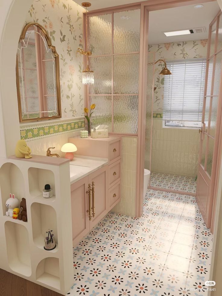 the bathroom is decorated in pastel colors