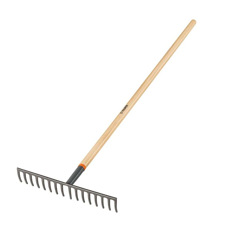 a long handled rake with wooden handle on a white background