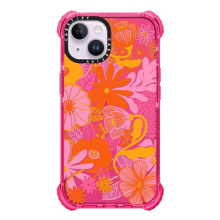 an iphone case with flowers and leaves in pink, orange, yellow and red colors