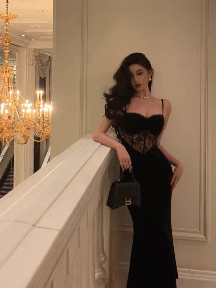 Lace Long Formal Dress, Dark Long Dress, Long Formal Black Dress, Black Velvet Slip Dress, Dark Prom Dresses Long, Black Slick Dress, Weeding Dress 2023 Guest, Dark Feminine Dresses, Asian Black Dress