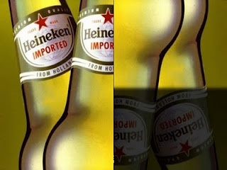 two bottles of heineken are shown side by side in this composite image and the same one is half empty