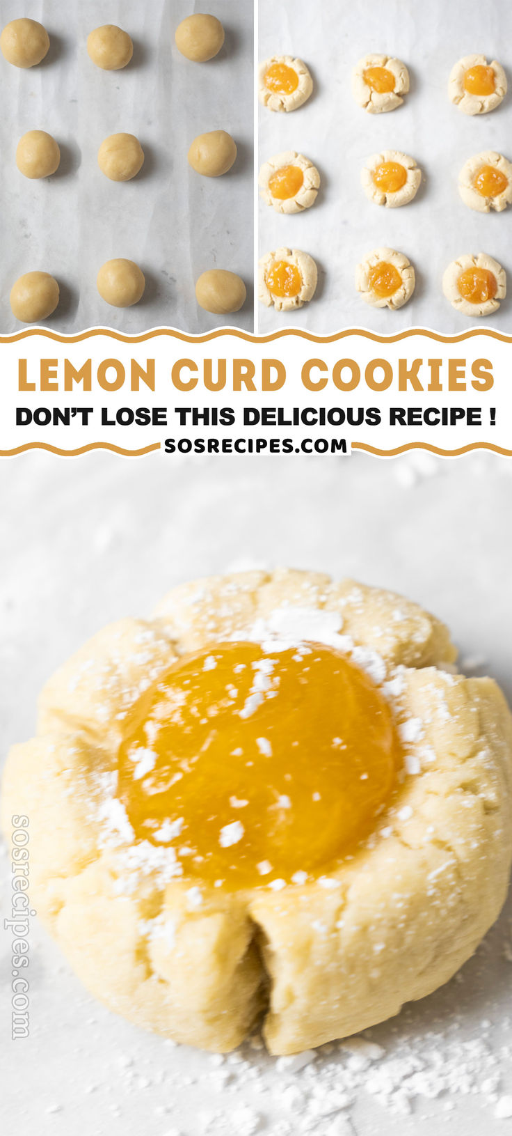 lemon curd cookies with powdered sugar on top, and the recipe below it