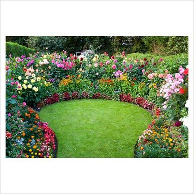 a garden filled with lots of different colored flowers and plants on top of green grass