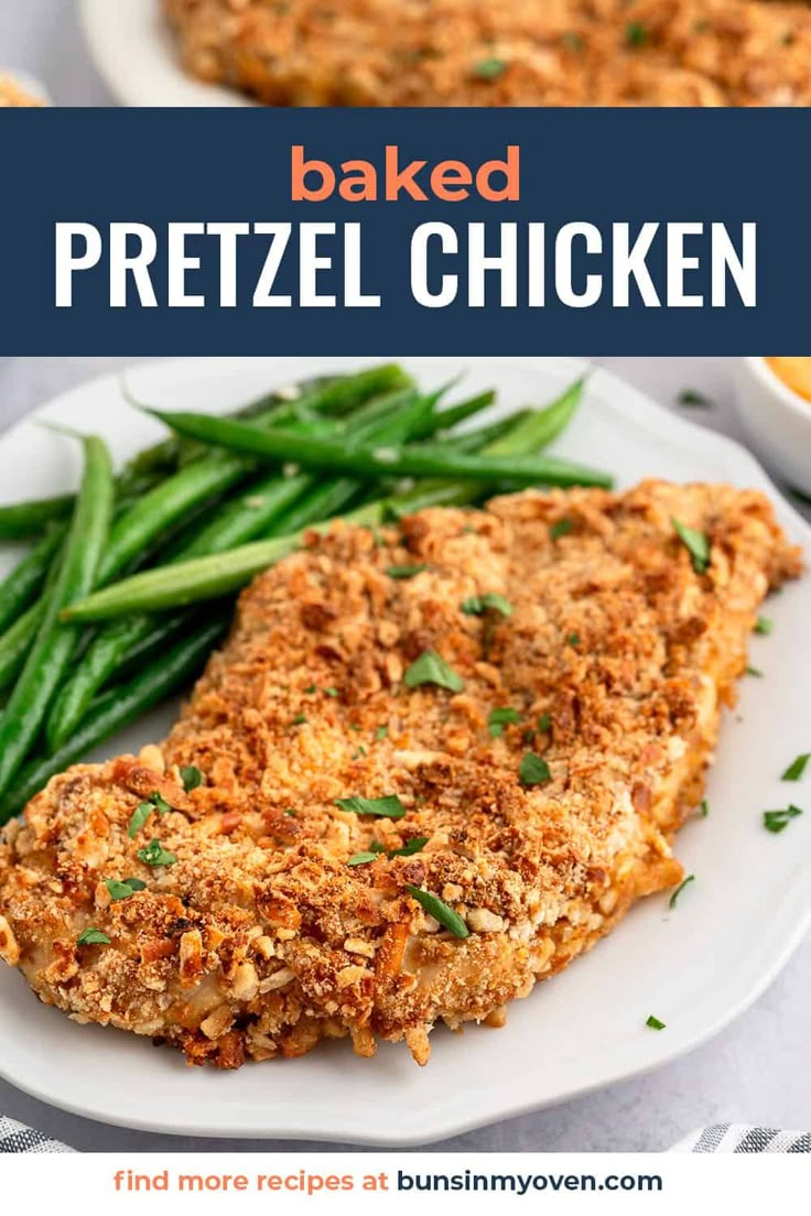 baked pretzel chicken on a white plate with green beans