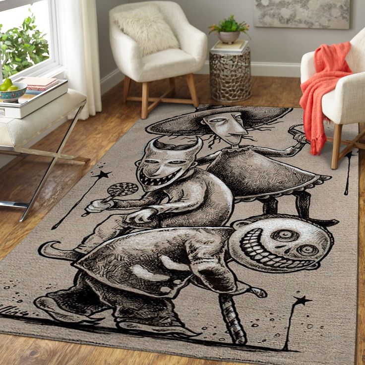 the rug is decorated with black and white artwork