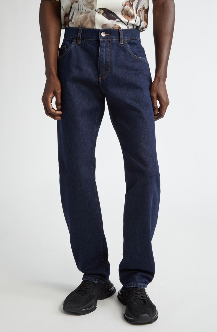 A logo-embellished leather patch replaces the back pocket of classic-fit straight-leg jeans crafted from rigid denim. 33" inseam; 15" leg opening; 10 1/2" front rise; 13 1/2" back rise (size 48EU) Zip fly with button closure Five-pocket style 100% cotton with leather contrast Machine wash, line dry Made in Italy Designer Clothing Classic Jeans With Belt Loops In Recycled Denim, Classic Straight Leg Jeans With Contrast Stitching, Classic Jeans With Contrast Stitching, Classic Rigid Denim Jeans With Belt Loops, Classic Relaxed Fit Jeans With Contrast Stitching, Classic Straight Jeans With Belt Loops, Classic Jeans With Contrast Stitching And Tapered Leg, Classic Jeans With Straight Hem In Recycled Denim, Classic Medium Wash Jeans With Contrast Stitching