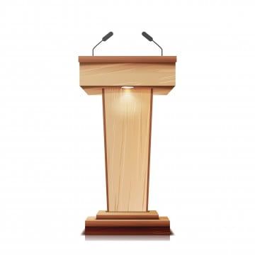 a wooden podium with two microphones at the top on a white background, ready to be used as a speaker