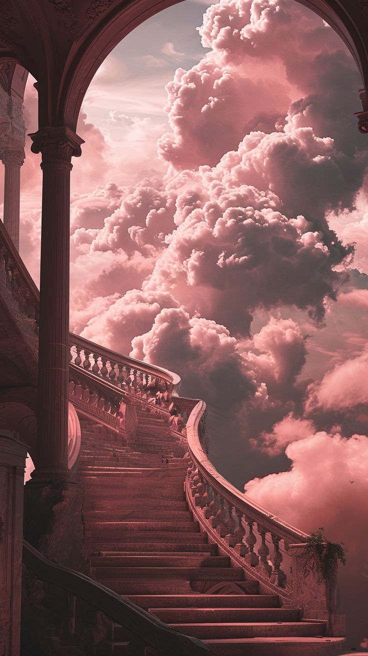 a stairway leading up to a cloudy sky with pink clouds in the background and an arch at the top