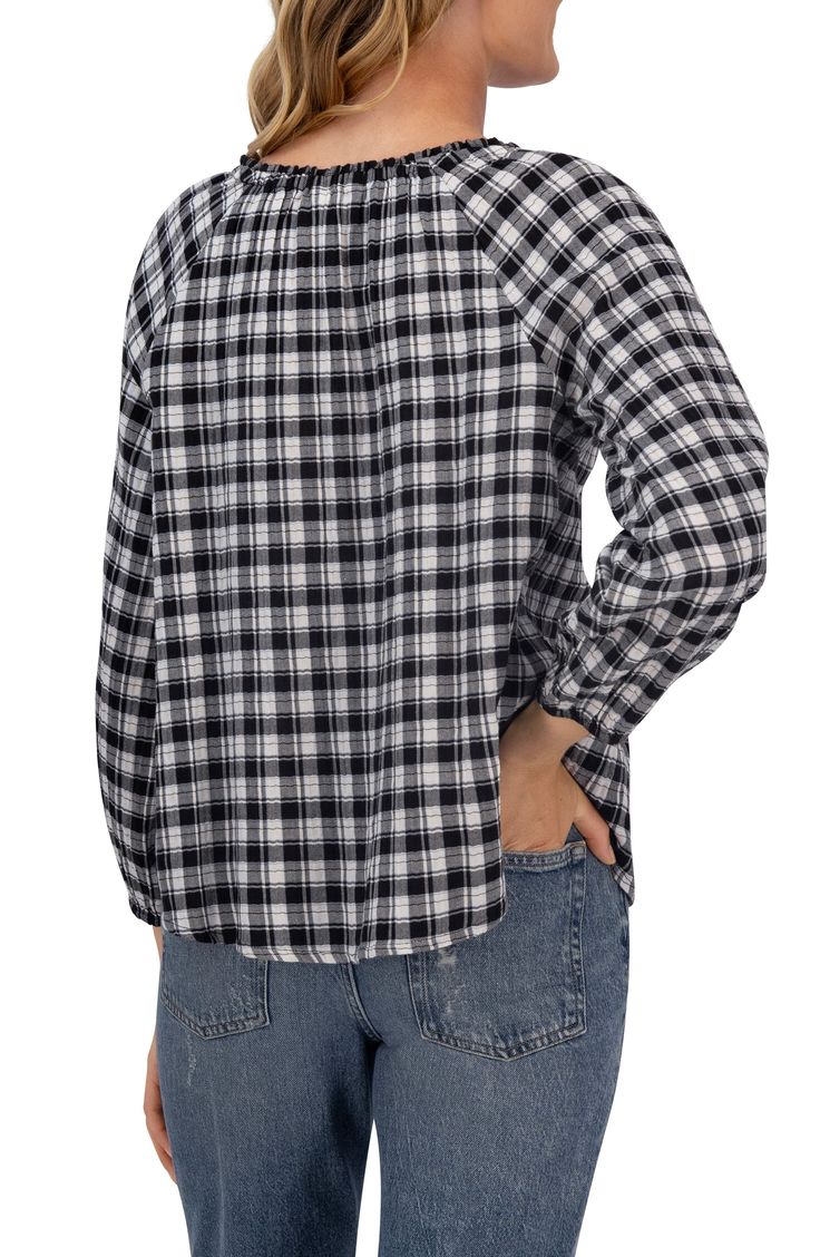 A plaid cotton button-up shirt offers laid-back appeal with raglan balloon sleeves and pintuck pleats that release into a relaxed fit. Front button closure Split neck with ties Long sleeves with elastic cuffs 100% cotton Machine wash, tumble dry Imported Fall Plaid Cotton Blouse, Plaid Cotton Blouse For Fall, Plaid Cotton Tops For Daywear, Relaxed Fit Plaid Blouse For Daywear, Plaid Relaxed Fit Blouse For Fall, Classic Plaid Tops For Daywear, Fall Daywear Plaid Blouse, Casual Gingham Blouse For Fall, Cotton Gingham Tops For Everyday