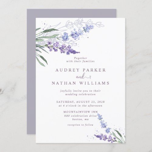 a wedding card with lavender flowers and greenery on the front, in watercolor