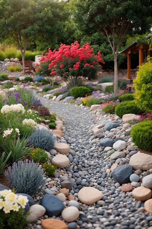 a garden with lots of rocks and flowers