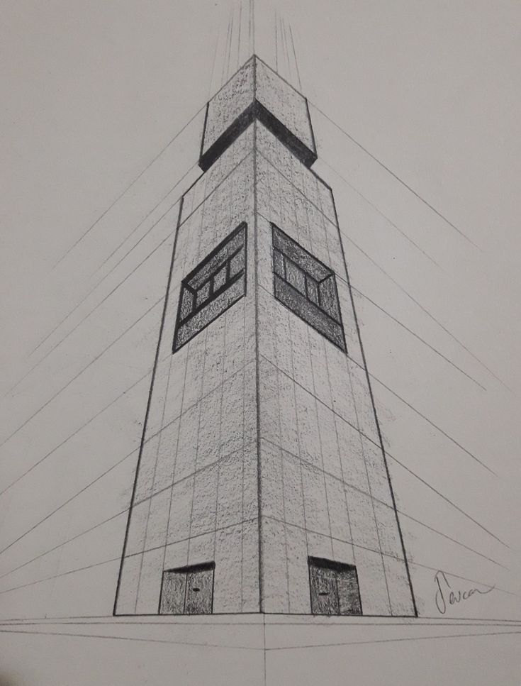 a pencil drawing of a tall building with windows on the top and bottom part of it