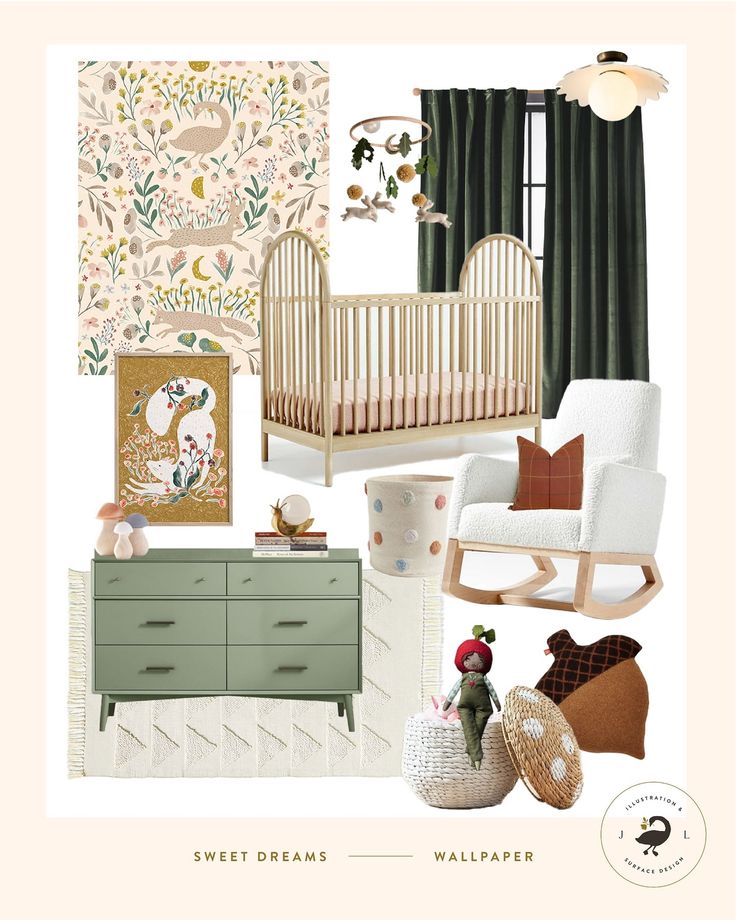 a baby's room with green curtains and furniture