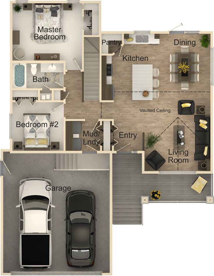 the floor plan for a two bedroom, one bathroom apartment with an attached garage and living room