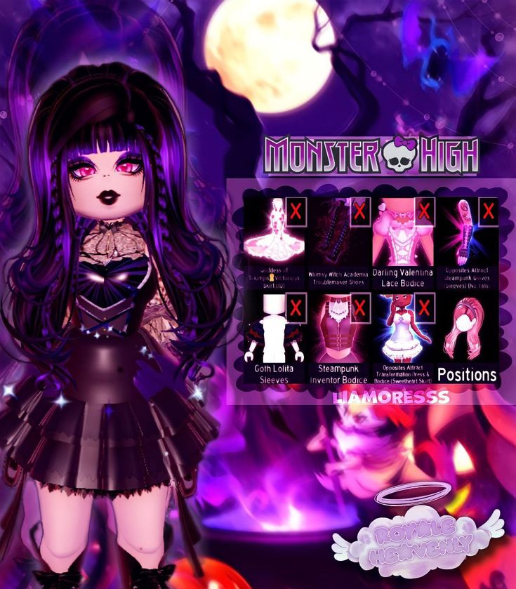 Monster High Rh Outfits, Royal High Monster High, Royalween Fit, Sunset Island Royale High Themes, Royalween Outfit Ideas, Royale High Halloween Outfit Ideas, Royale High Cosplay Ideas, Monster High Royale High, Halloween Royale High Outfits