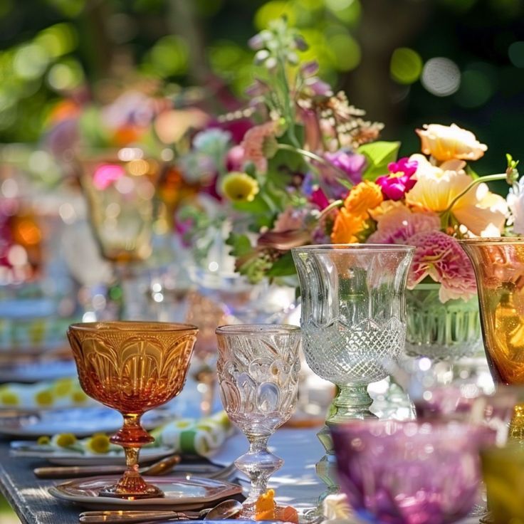 a long table with many different colored glassware on it