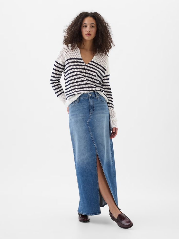 Denim Maxi Skirt | Gap Factory Paris Winter Outfits, Long Jean Skirt, Gap Brand, Denim Skirt Outfits, Knit Maxi Skirt, Denim Skirt Women, Denim Maxi, Denim Trends, Denim Maxi Skirt