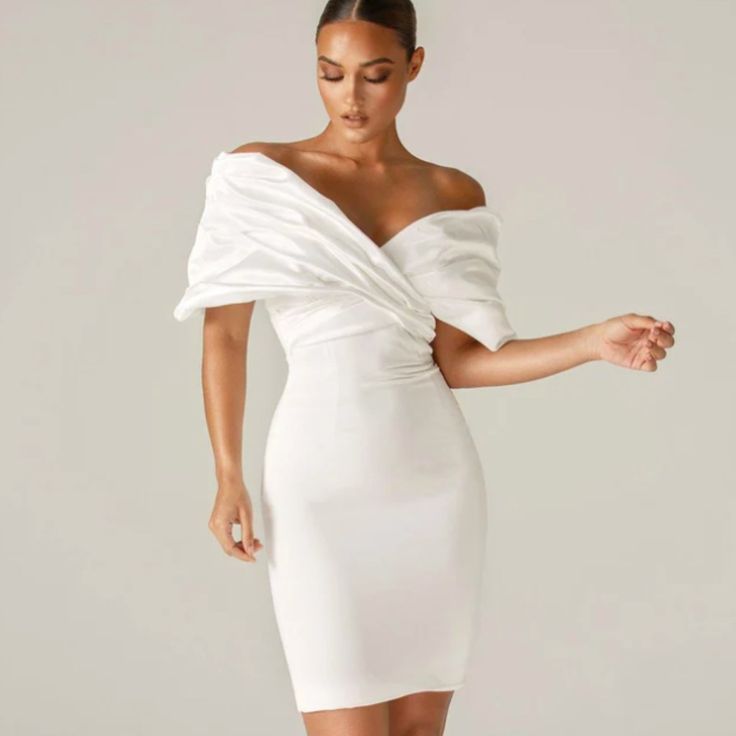 Almost New. Wore It Once Elegant White Bodycon Dress With Ruffles, Elegant White Off-shoulder Midi Dress, White Ruffled Bodycon Evening Dress, White Ruffled Bodycon Dress For Evening, Elegant White Bodycon Dress For Dinner, Chic Draped Midi Dress For Brunch, White Dressy Dress For Dinner, Dressy White Dinner Dress, White Chic Bodycon Dinner Dress