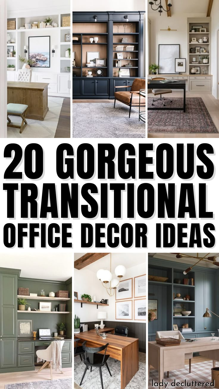 20 Gorgeous Transitional Home Office Decor Ideas 2024 Home Office Trends, How To Decorate An Office, Feminine Home Office Classy Modern, Home Office Makeover Ideas, Study Office Room Ideas, Home Office Ideas With Built Ins, Office Remodel Home, Flex Room Ideas Offices, Home Office Styling