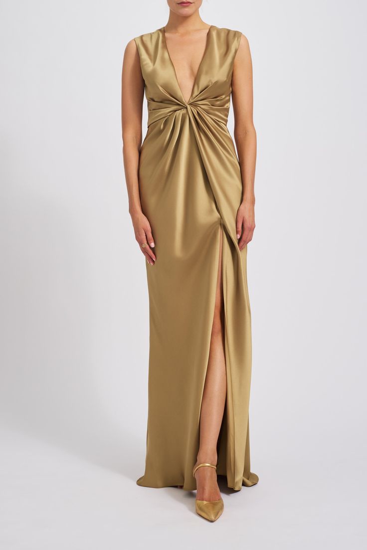 Fluid satin plunge V-neck twisted front dress. Shown in Black, Lipstick Red, Gold and Emerald. Chic Satin V-neck Dress With Bias Cut, Satin V-neck Bias Cut Dress, Pre-draped Satin V-neck Maxi Dress, V-neck Satin Slip Dress With Ruched Details, Green Satin V-neck Maxi Dress, Amsale Bridal, Amsale Dress, Twist Front Dress, Drape Dress