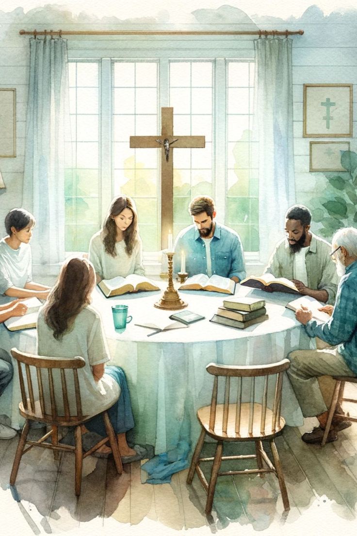 a group of people sitting around a table with books and a cross in the background