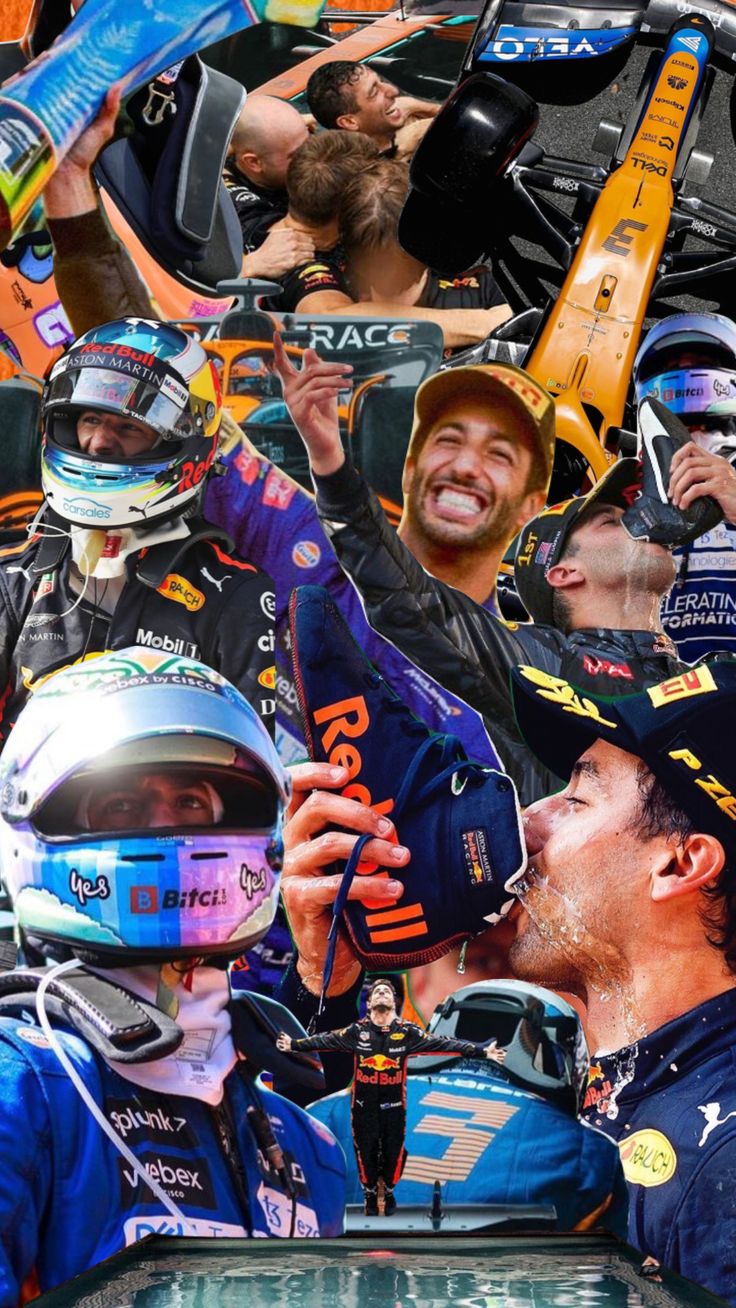 a collage of nascar drivers with helmets on and one man holding up his helmet