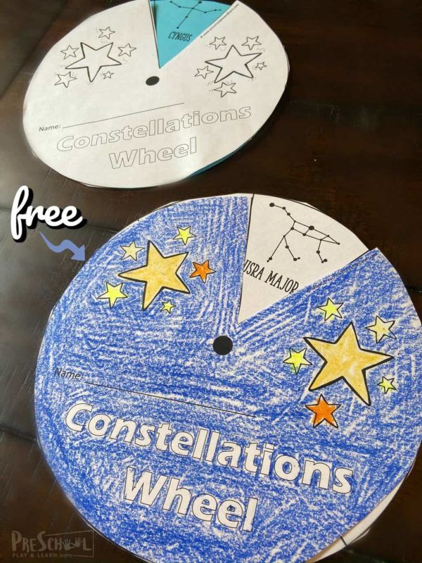 two paper plates with the words constellations wheel on them and one has stars painted on it